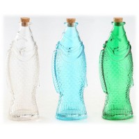 Glass Fish Shaped Bottle with Cork Stopper Set/3 Clear Blue Green 8.75" H NEW 872602940912  372255252511